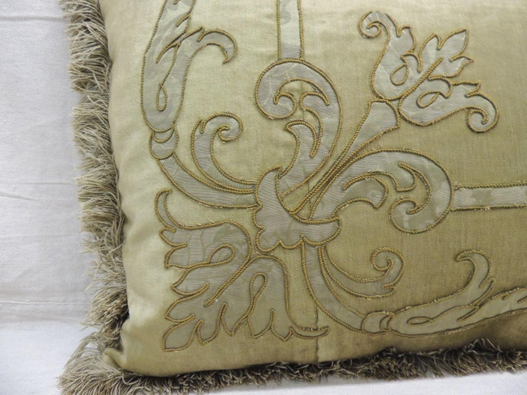 Regency Antique Silk Velvet Olive Green Applique Decorative Bolster Pillow For Sale