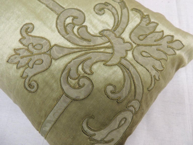 Regency Antique Silk Velvet Olive Green Applique Decorative Bolster Pillow For Sale