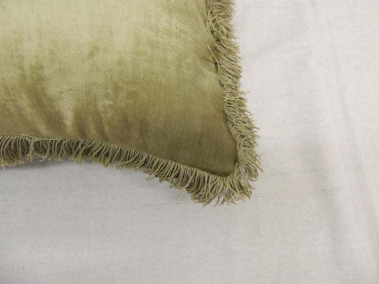French Antique Silk Velvet Olive Green Applique Decorative Bolster Pillow For Sale