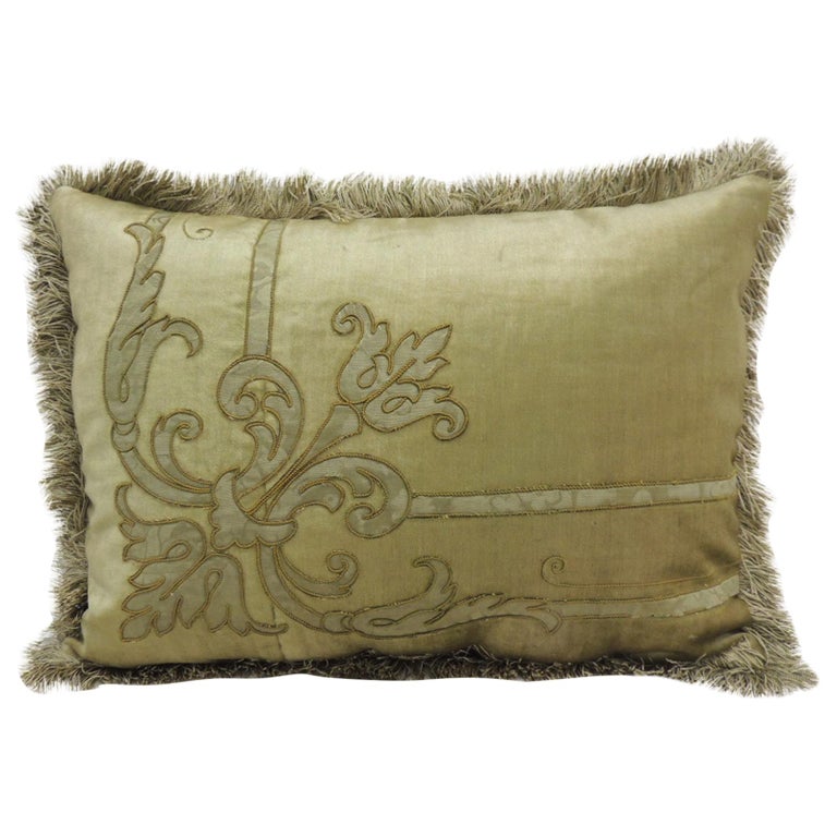 Antique Silk Velvet Olive Green Applique Decorative Bolster Pillow For Sale