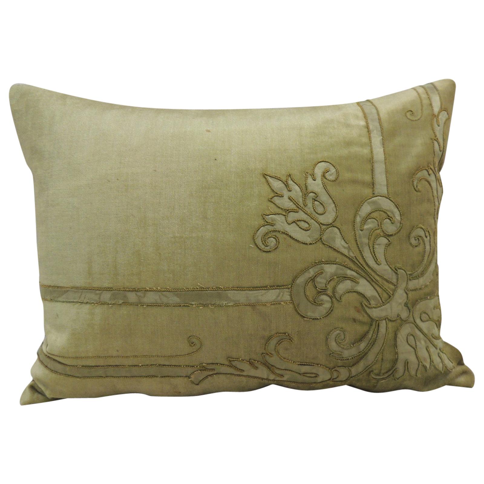Antique Silk Velvet Olive Green Applique Decorative Bolster Pillow