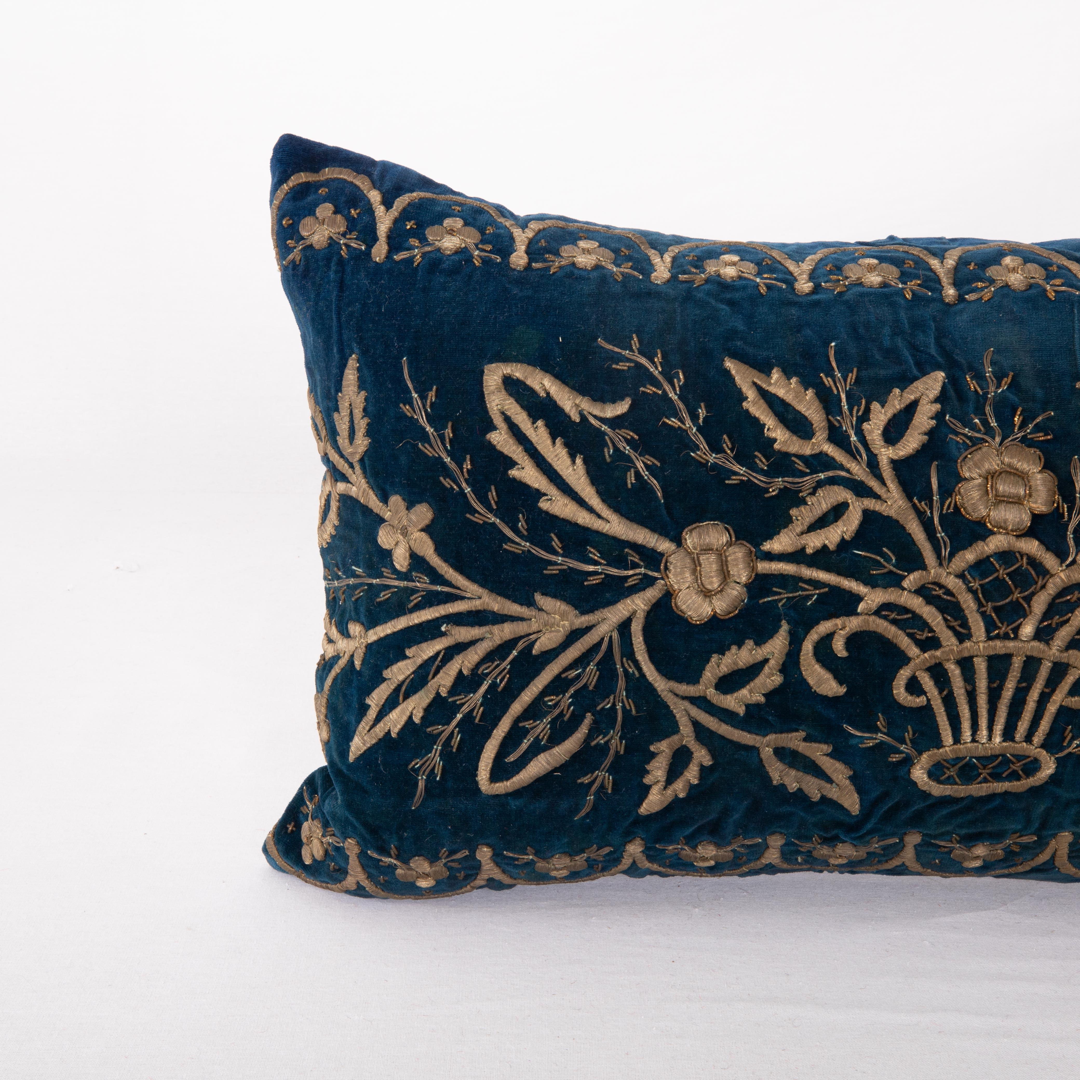 Islamic Antique Silk Velvet Ottoman Blue Sarma Pillow Cover, L 19th Century For Sale