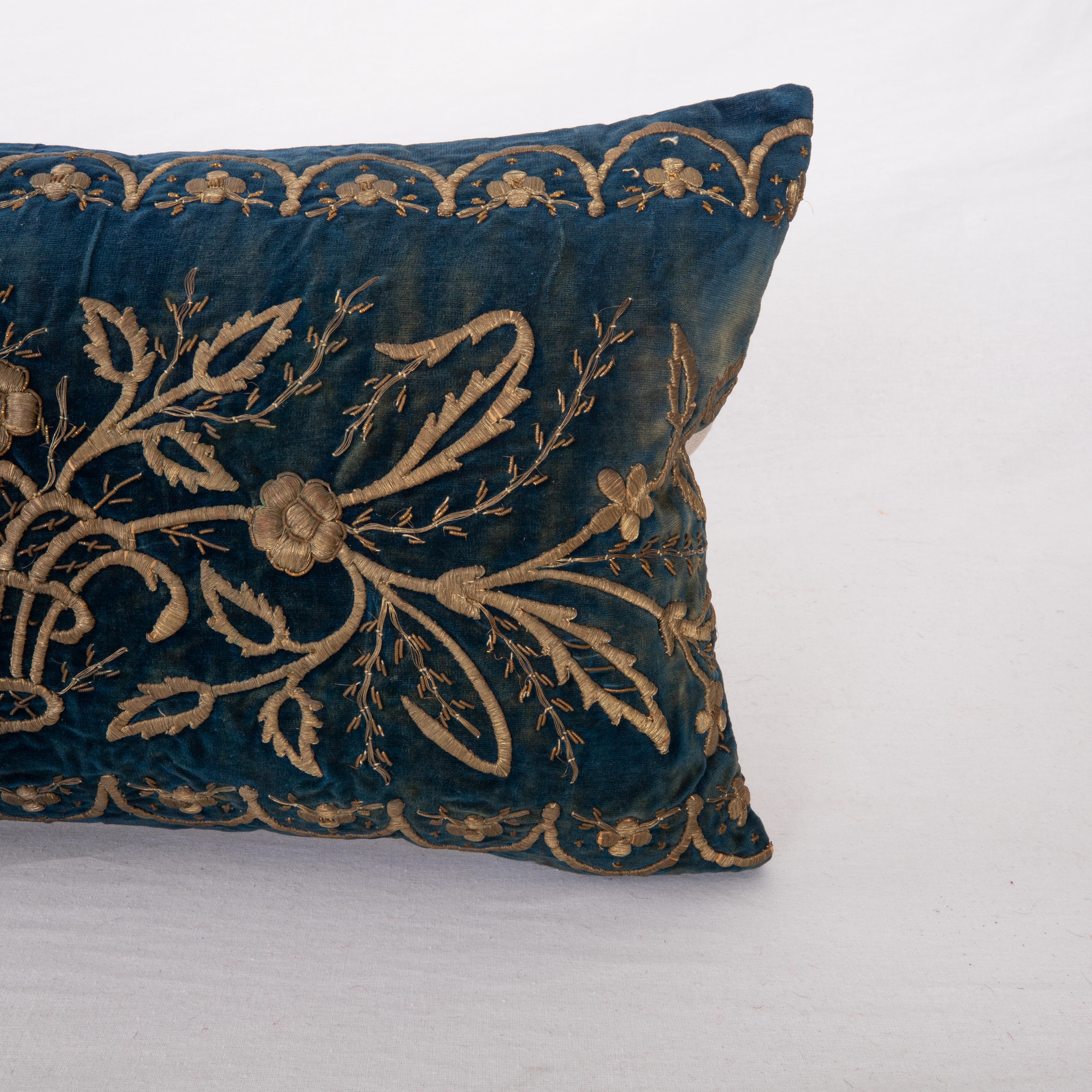 Turkish Antique Silk Velvet Ottoman Blue Sarma Pillow Cover, L 19th Century For Sale