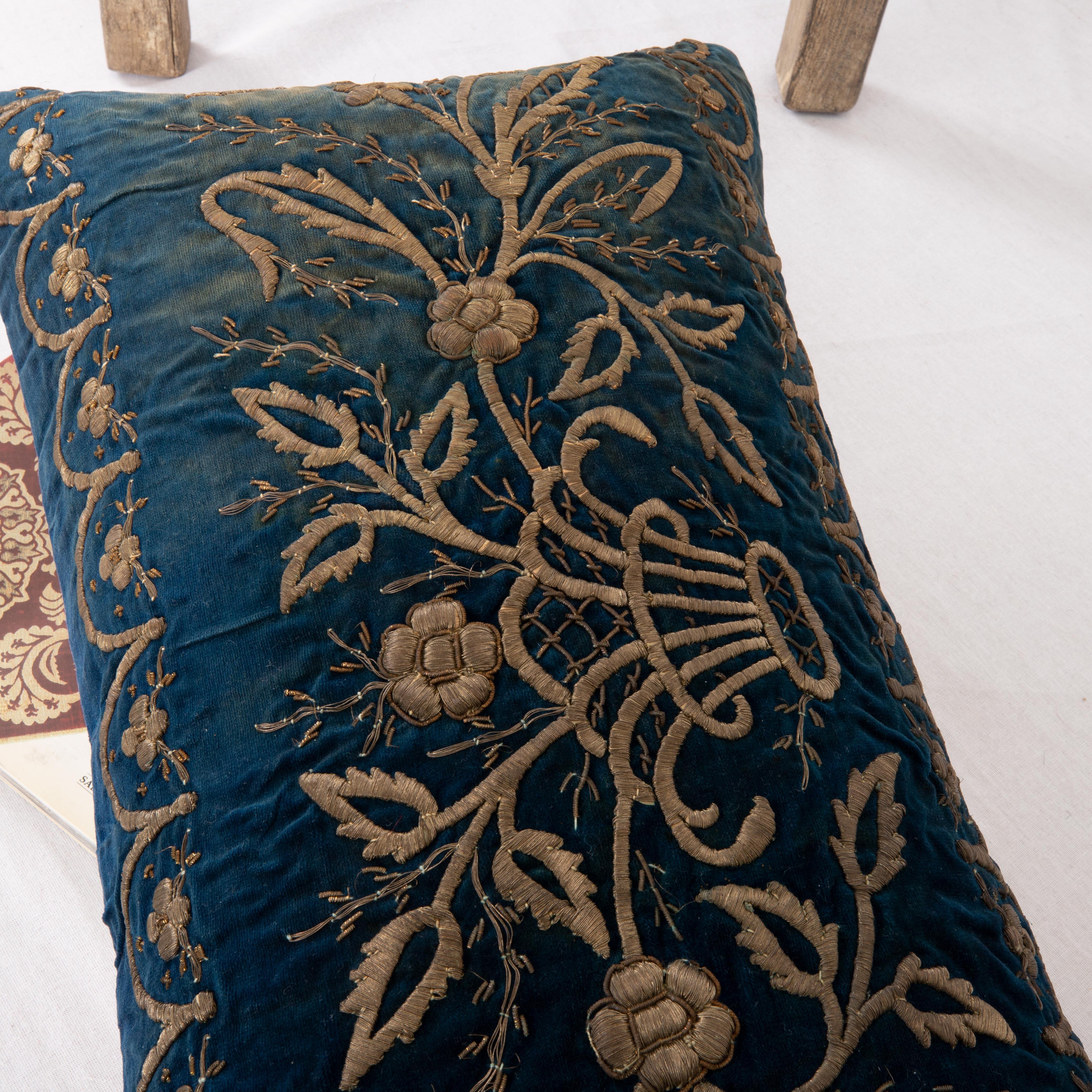 Embroidered Antique Silk Velvet Ottoman Blue Sarma Pillow Cover, L 19th Century For Sale