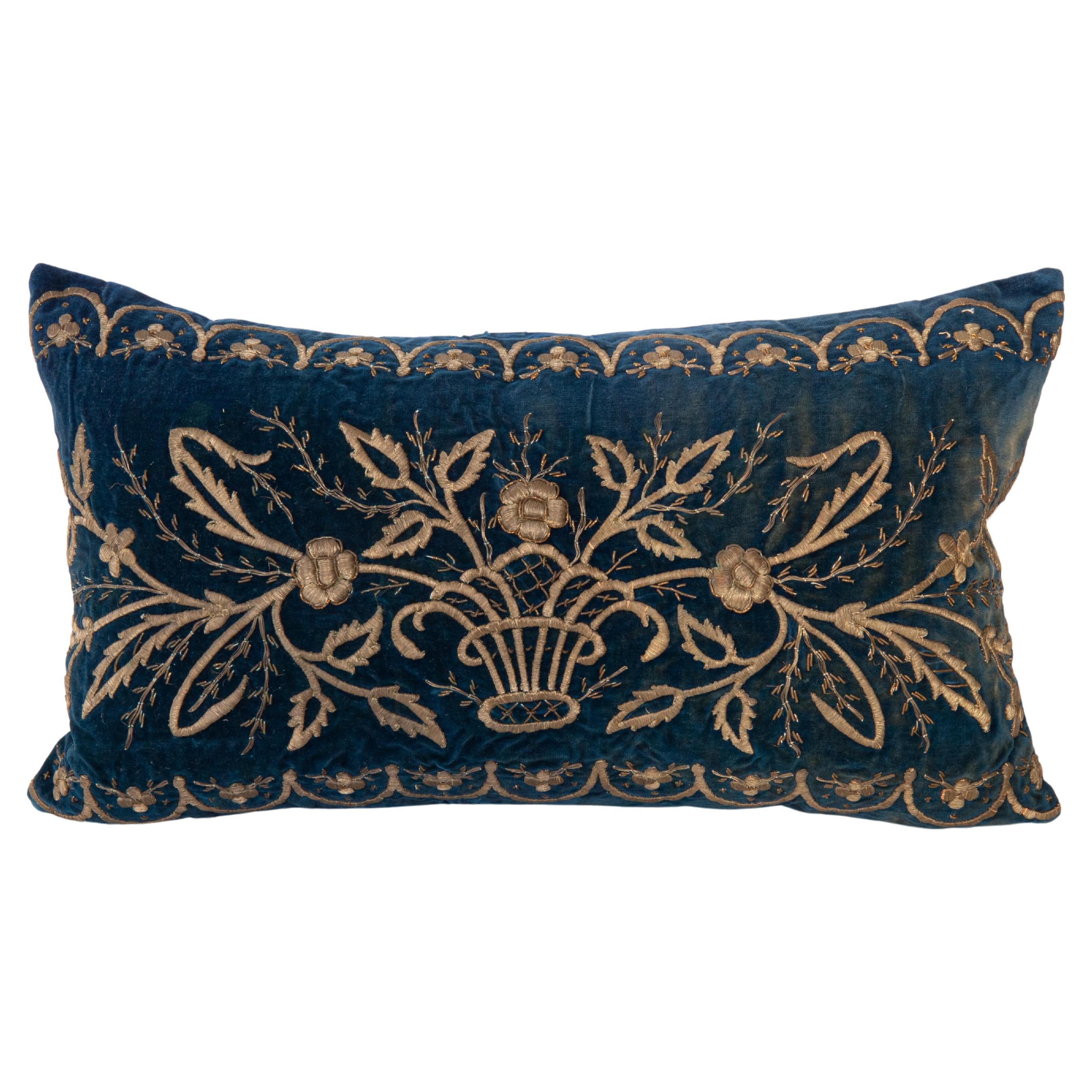 Antique Silk Velvet Ottoman Blue Sarma Pillow Cover, L 19th Century For Sale
