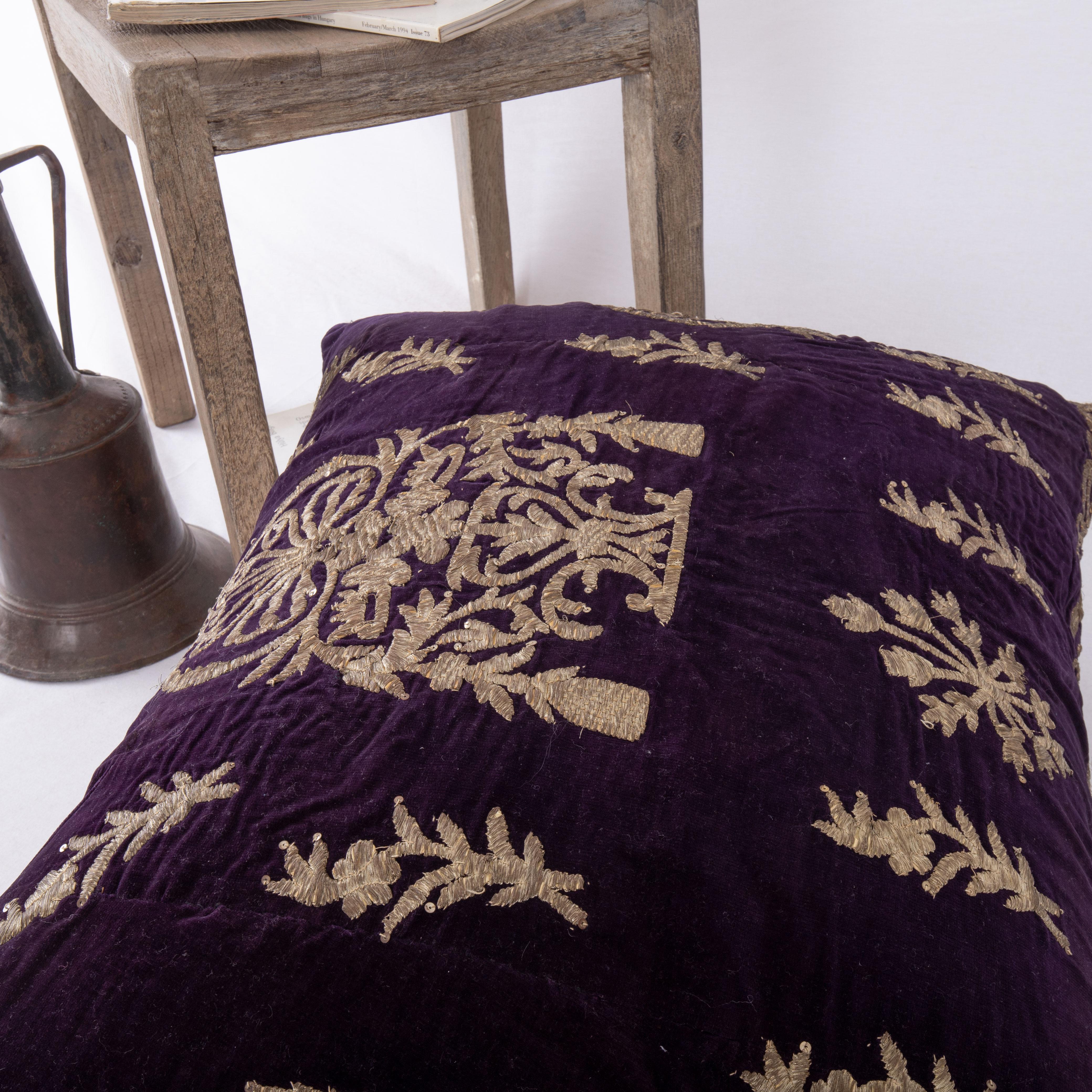 Metallic Thread Antique Silk Velvet Ottoman Violet Sarma Pillow Cover, L 19th C / E 20th C For Sale