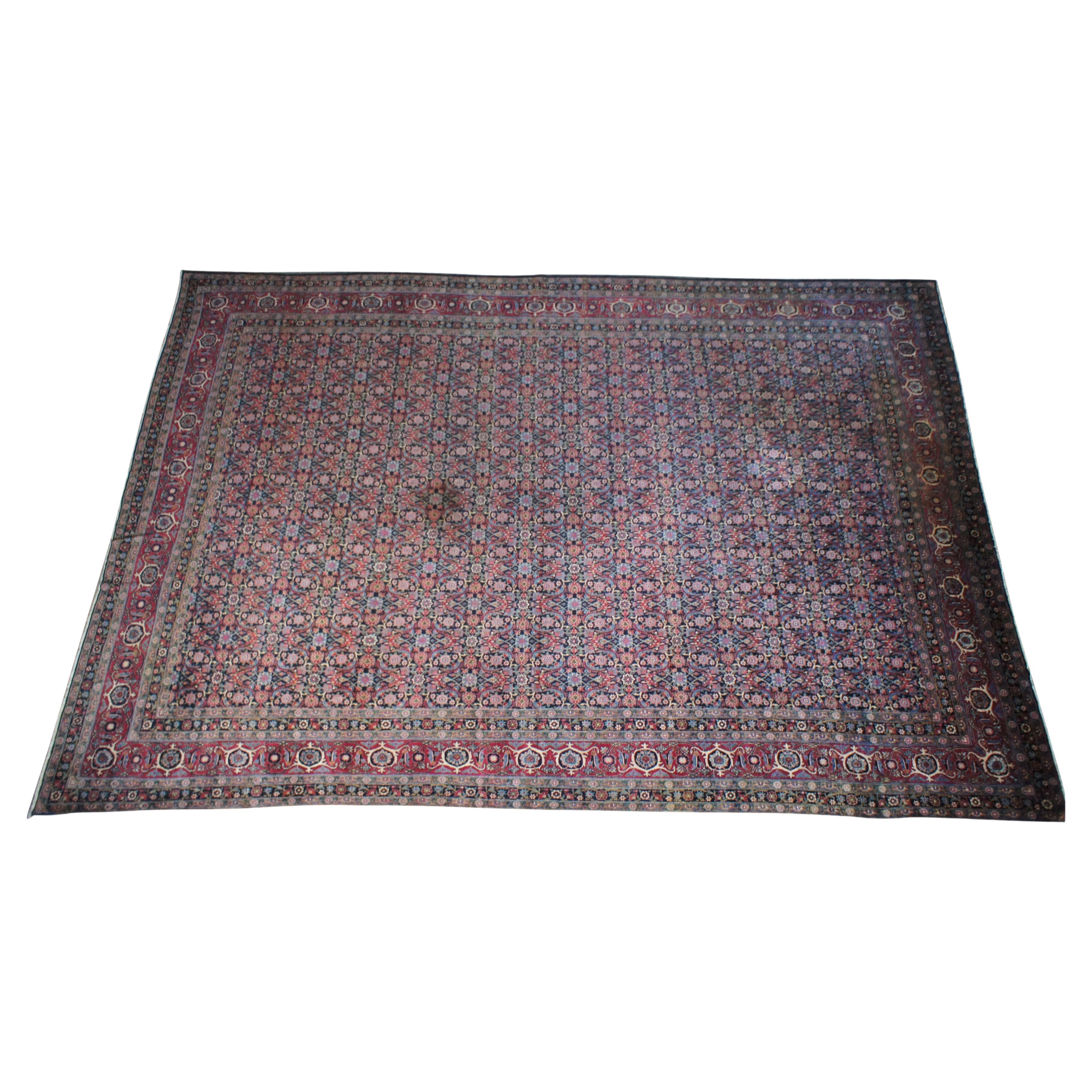 Antique Silk Wool Tabriz Persian Hand Knotted Geometric Bokhara Palace Rug For Sale