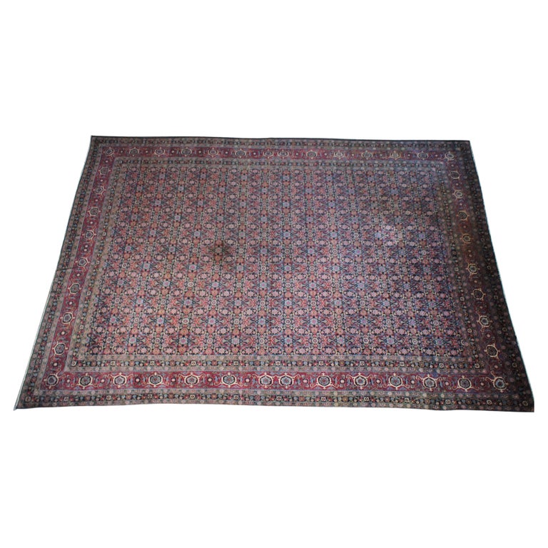 Antique Silk Wool Tabriz Persian Hand Knotted Geometric Bokhara Palace