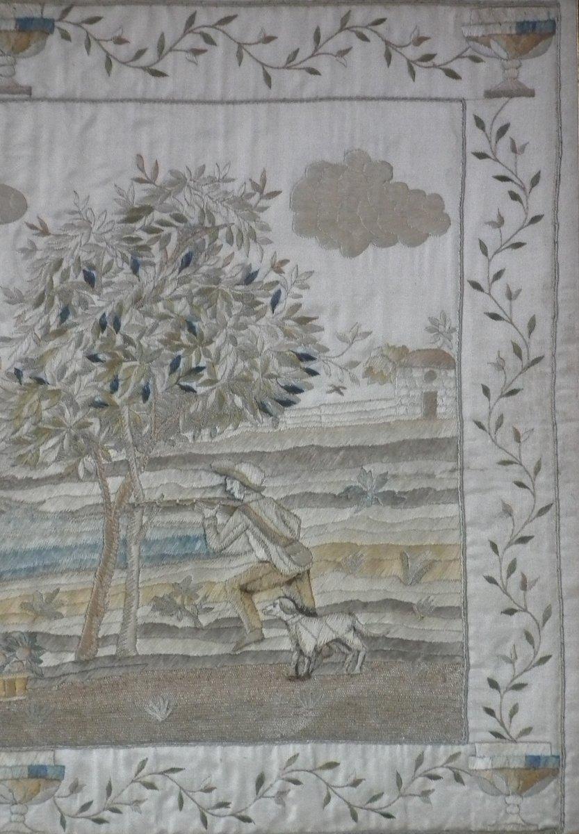 Folk Art Antique Silkwork Coastal Scene Embroidery