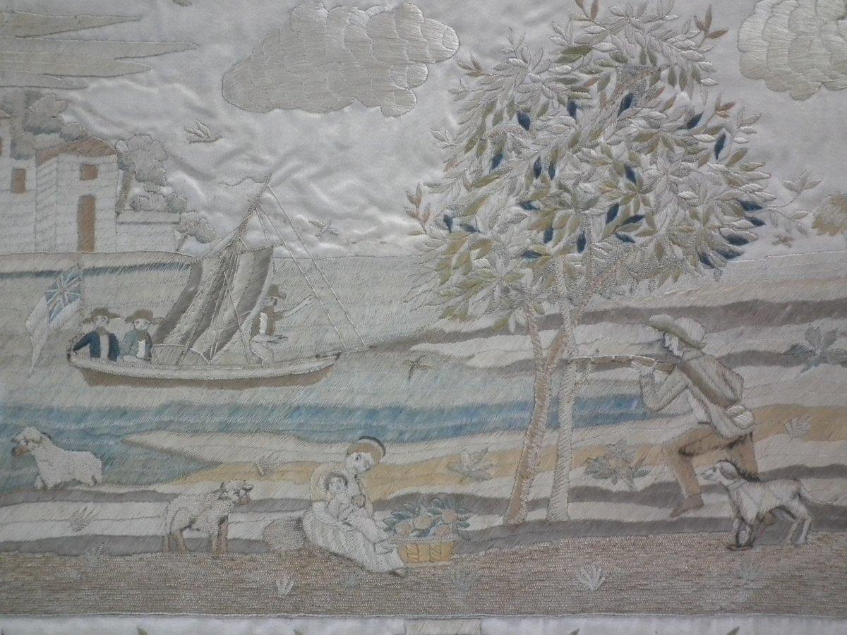 Embroidered Antique Silkwork Coastal Scene Embroidery