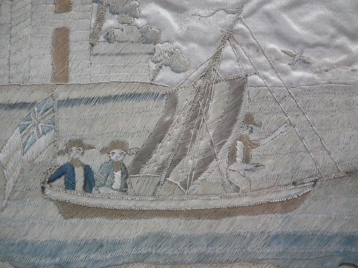 Antique Silkwork Coastal Scene Embroidery 1