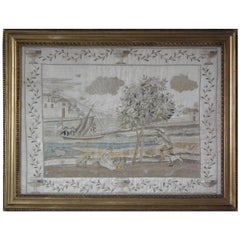 Antique Silkwork Coastal Scene Embroidery