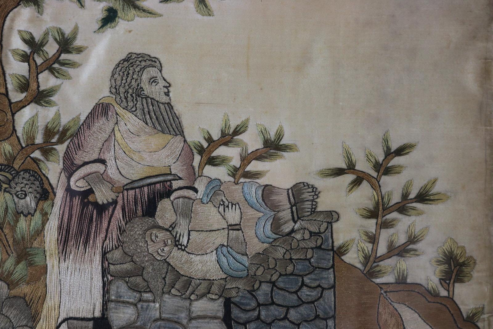 broderie en soie ancienne « Abraham offrant son fils Isaac » Bon état - En vente à Chelmsford, Essex