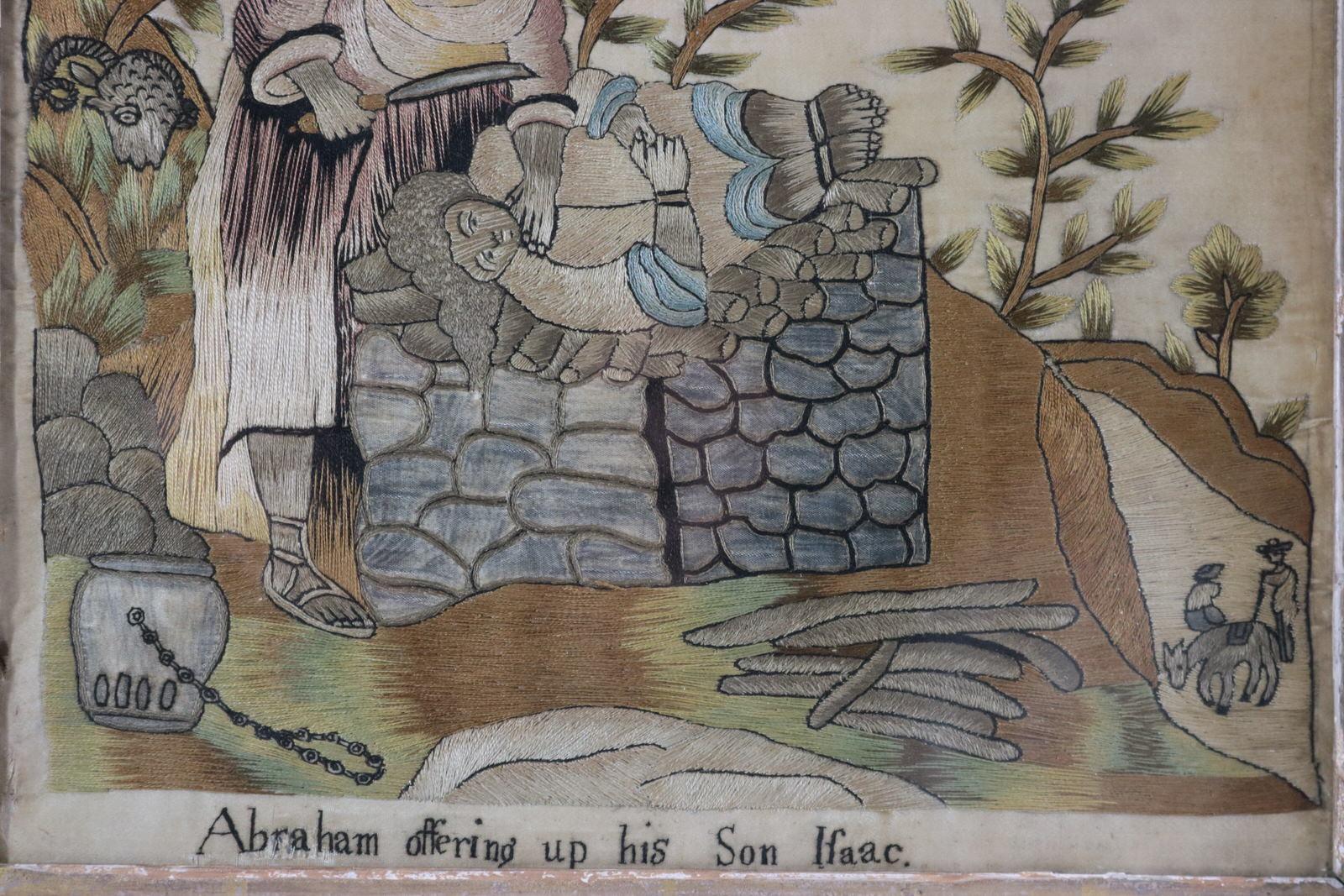 XIXe siècle broderie en soie ancienne « Abraham offrant son fils Isaac » en vente