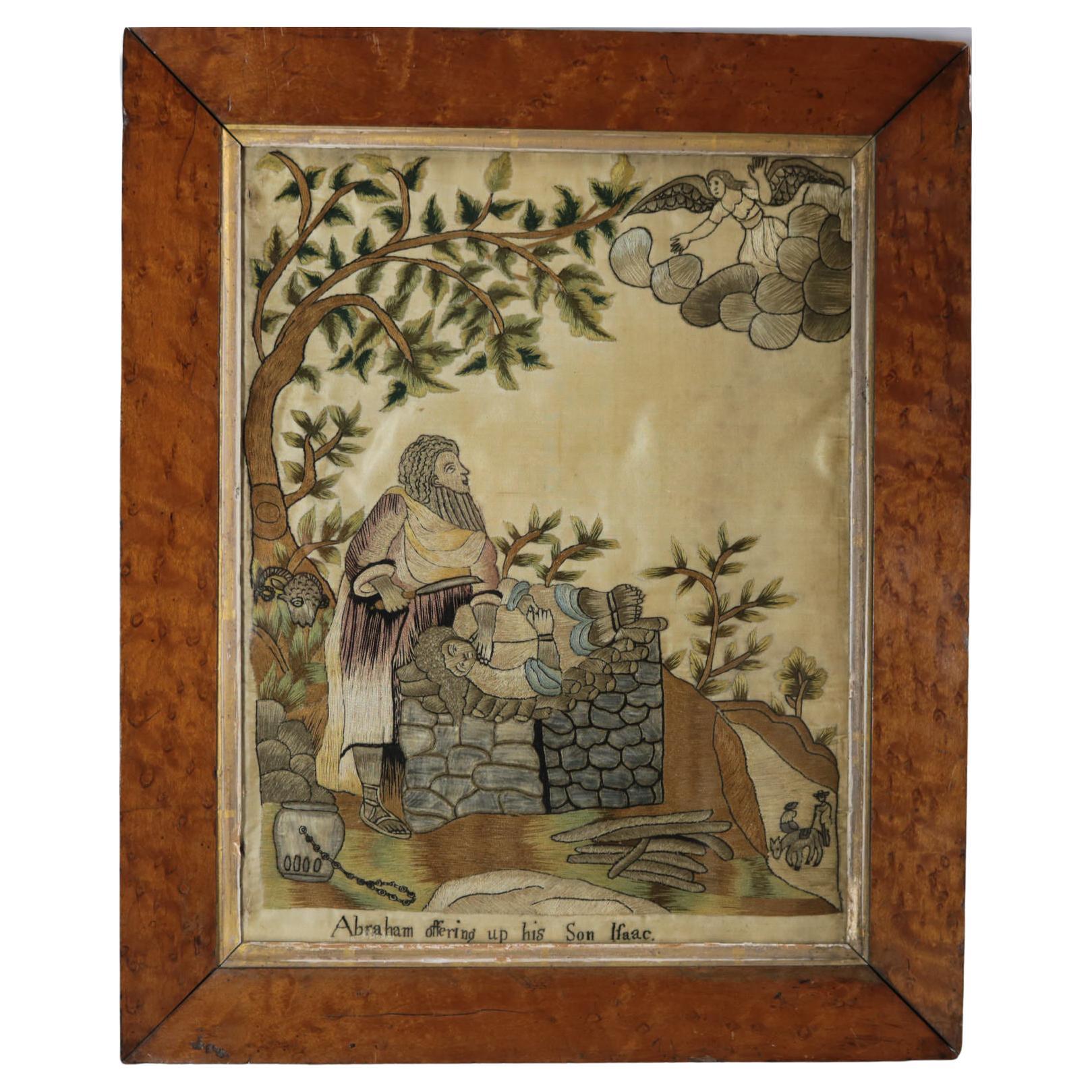 Antique Silkwork Embroidery 'Abraham offering up his Son Isaac' For Sale