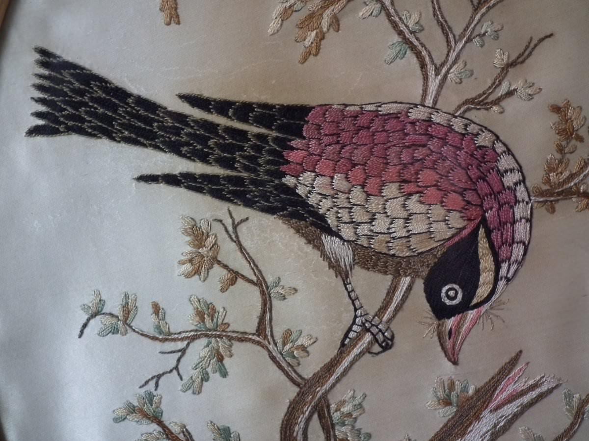 Textile Antique Silkwork Embroidery of a Bird in a Tree For Sale