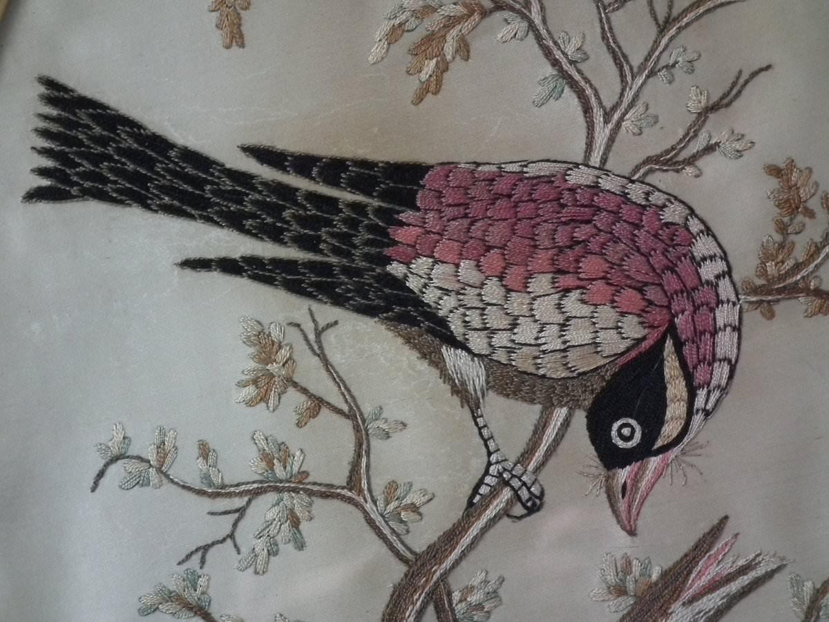 Folk Art Antique Silkwork Embroidery of a Bird in a Tree For Sale