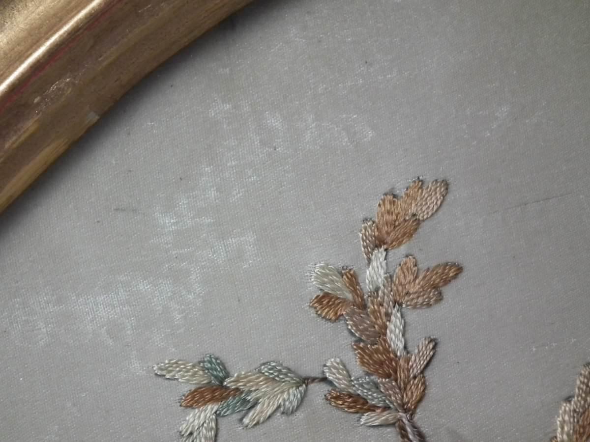 English Antique Silkwork Embroidery of a Bird in a Tree