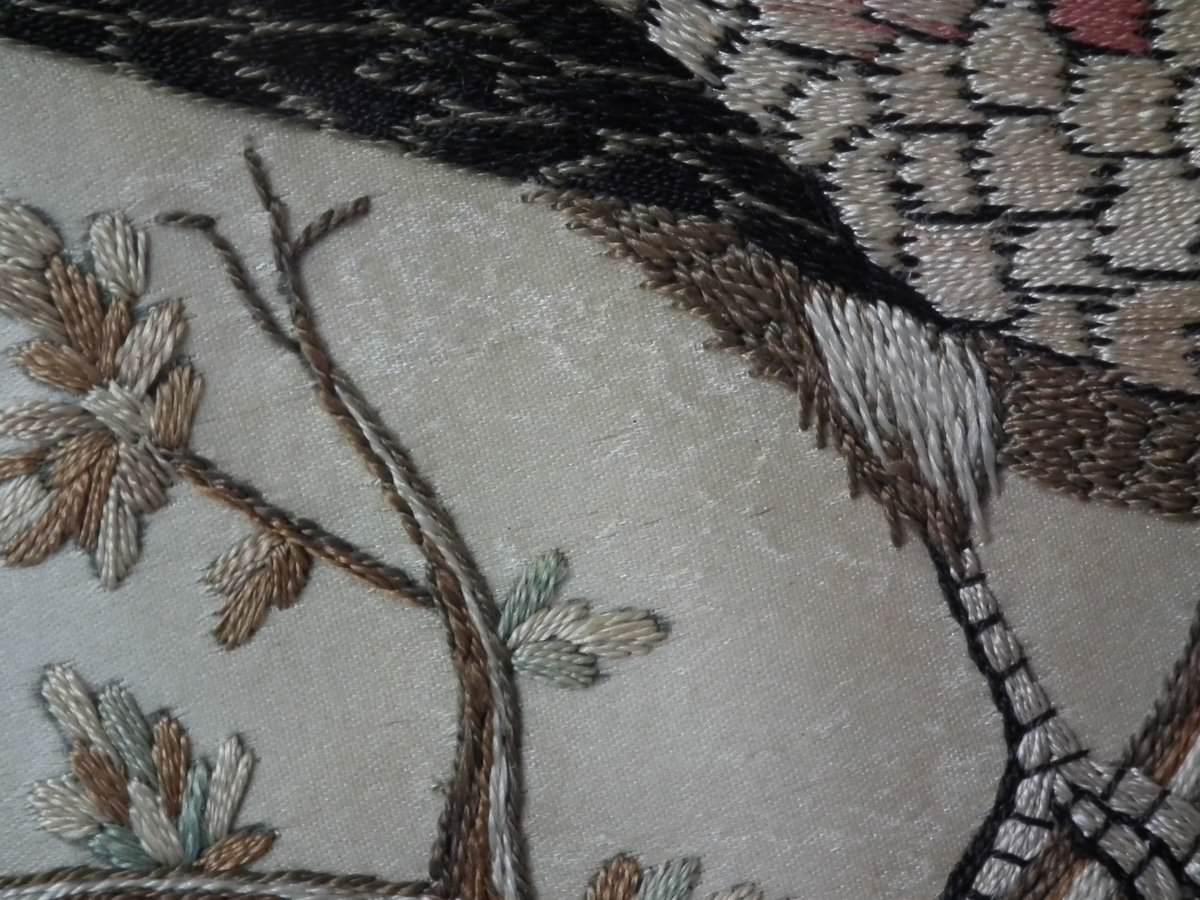 Early 19th Century Antique Silkwork Embroidery of a Bird in a Tree For Sale