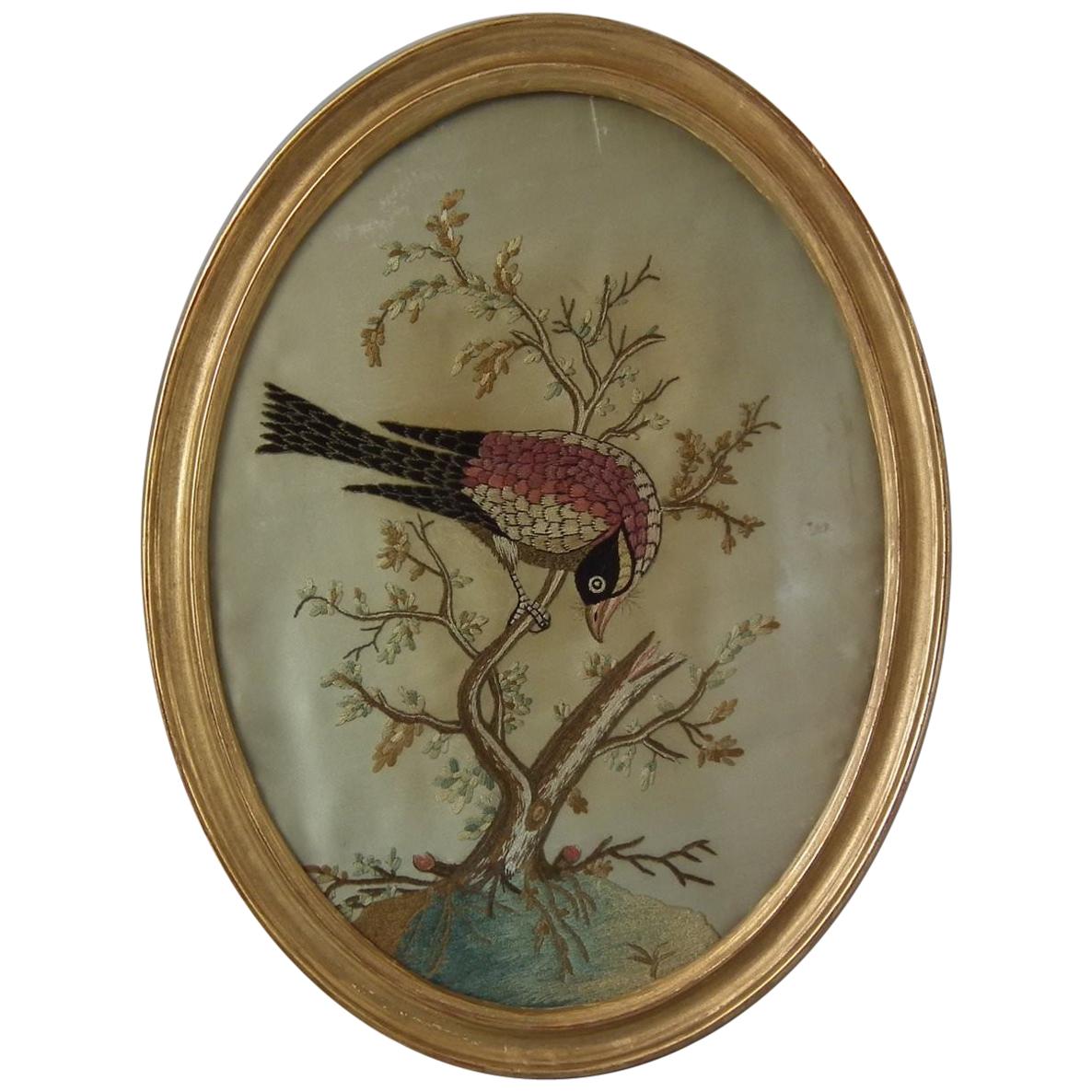 Antique Silkwork Embroidery of a Bird in a Tree For Sale