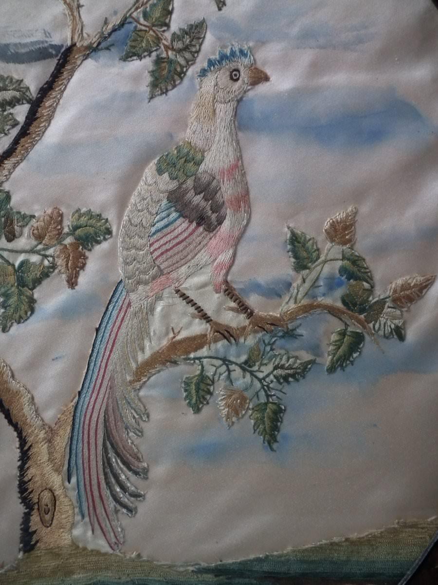 Folk Art Antique Silkwork Embroidery of a Bird of Paradise