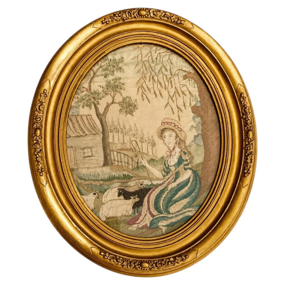 Antique Silkwork Embroidery Picture Shepherdess and Sheep England Circa 1840