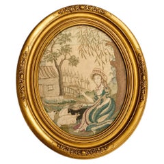 Antique Silkwork Embroidery Picture Shepherdess and Sheep England Circa 1840