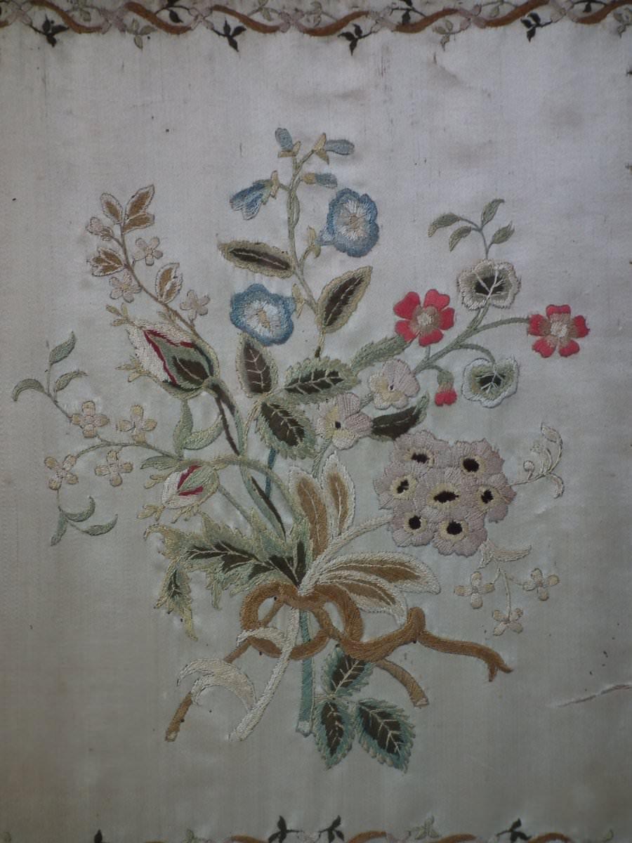English Antique Silkwork Flower Bouquet Embroidery
