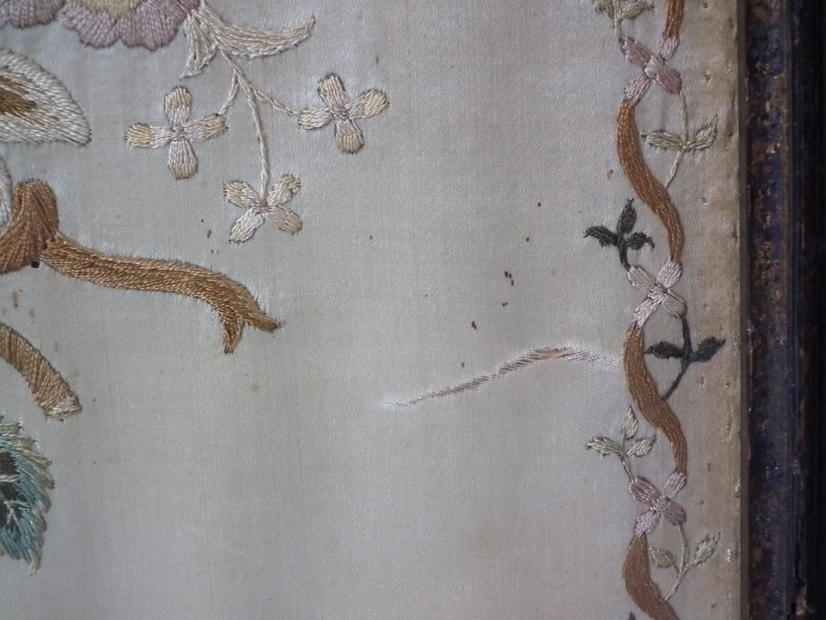 Textile Antique Silkwork Flower Bouquet Embroidery