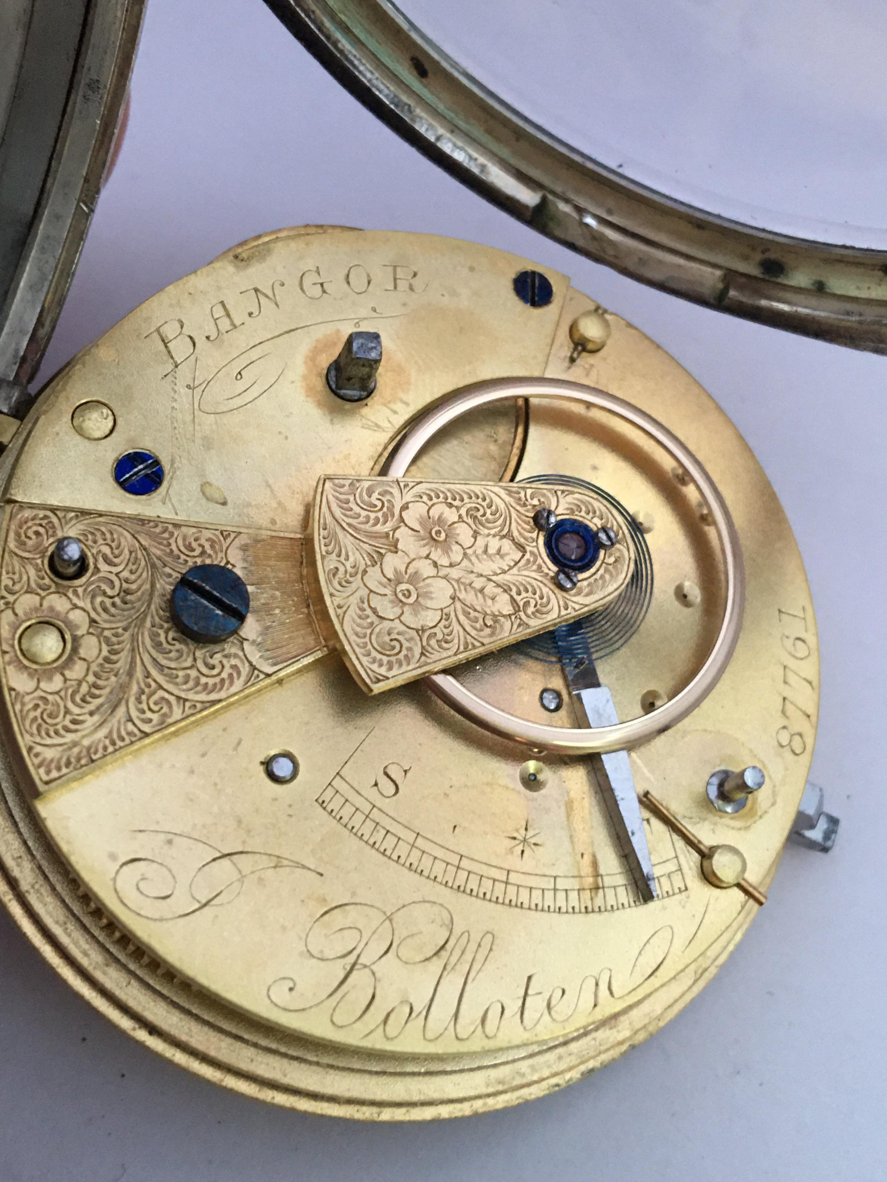 Antike silberne Taschenuhr mit Schlüsselaufzug Signiert J. Bolloten Bangor 8