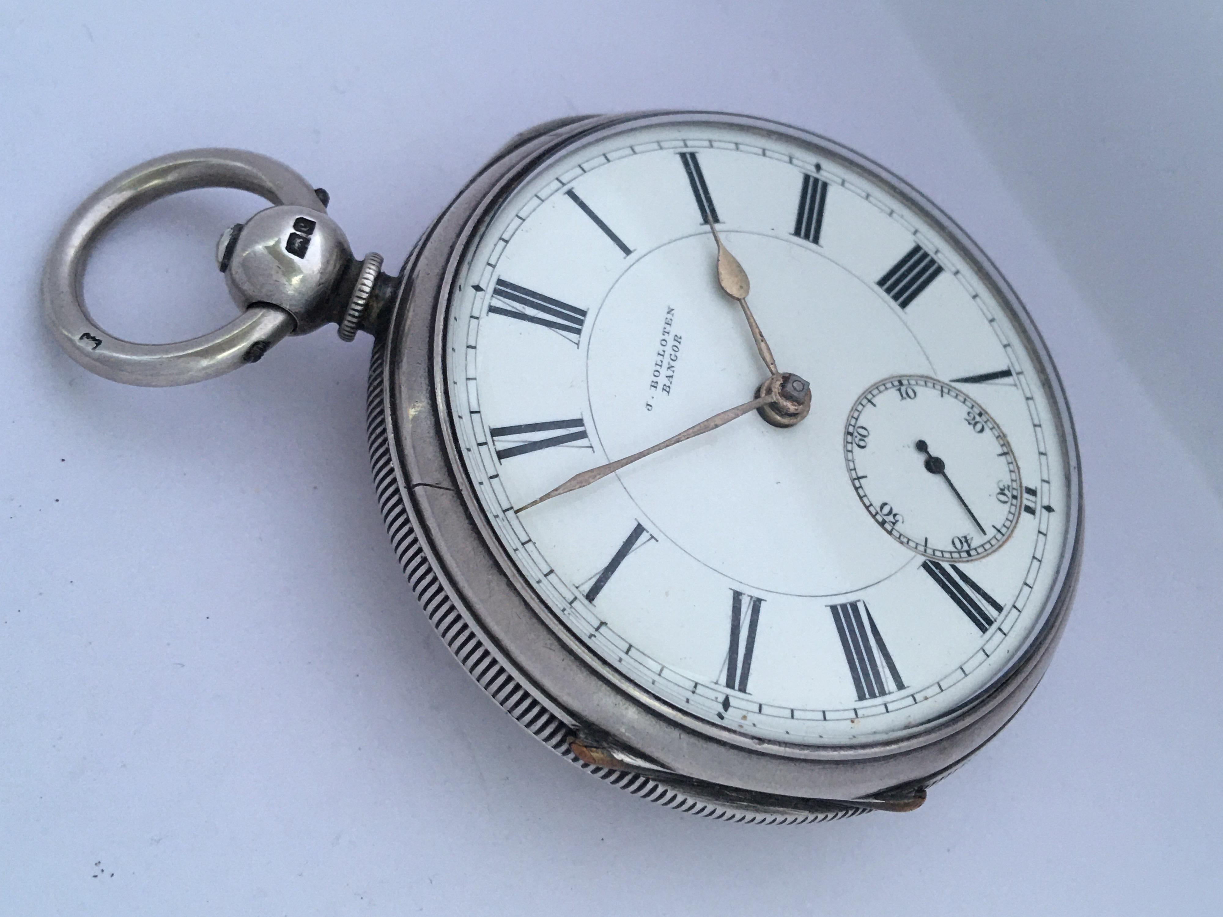 Antike silberne Taschenuhr mit Schlüsselaufzug Signiert J. Bolloten Bangor 11