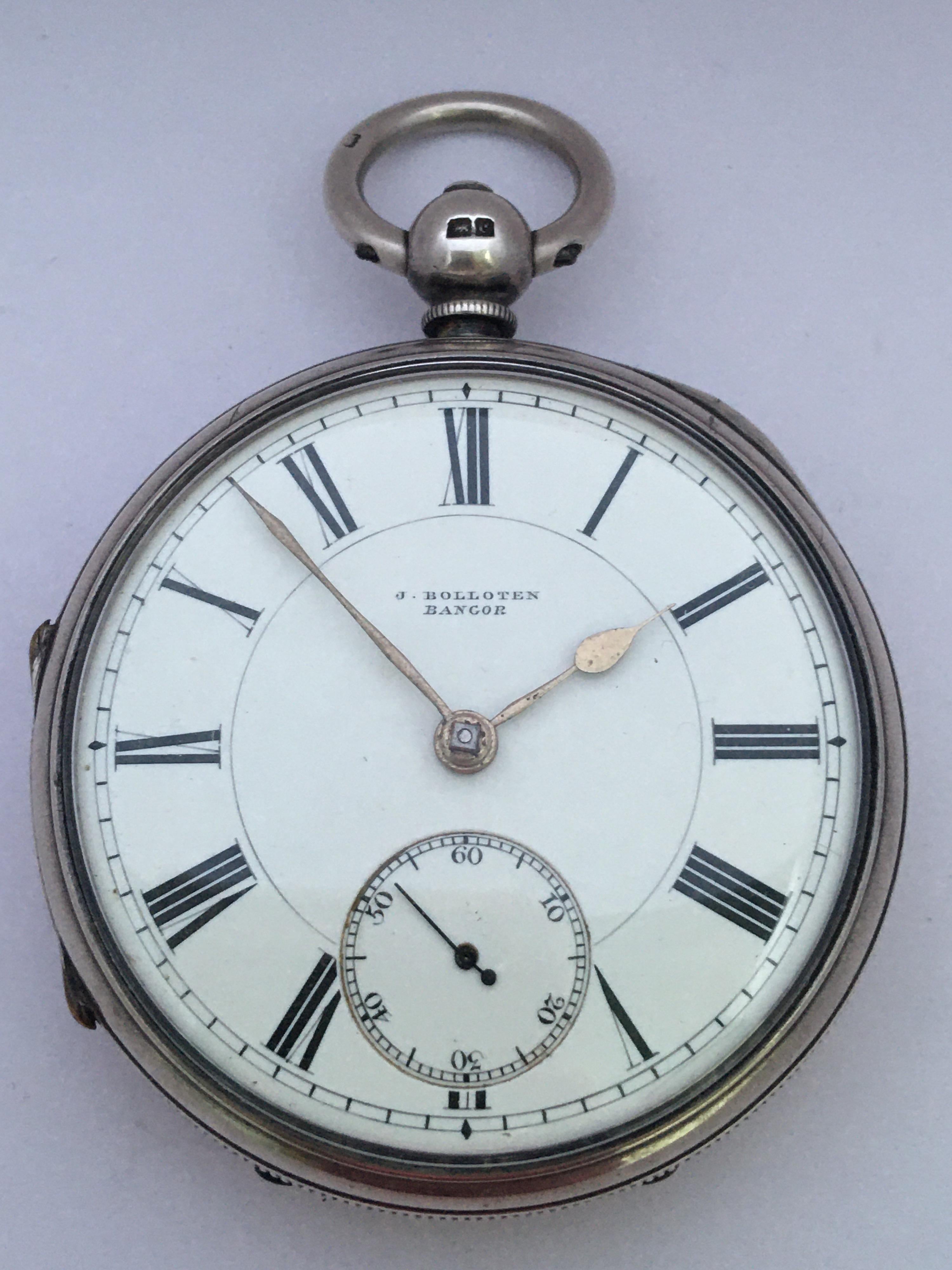 Antike silberne Taschenuhr mit Schlüsselaufzug Signiert J. Bolloten Bangor 14
