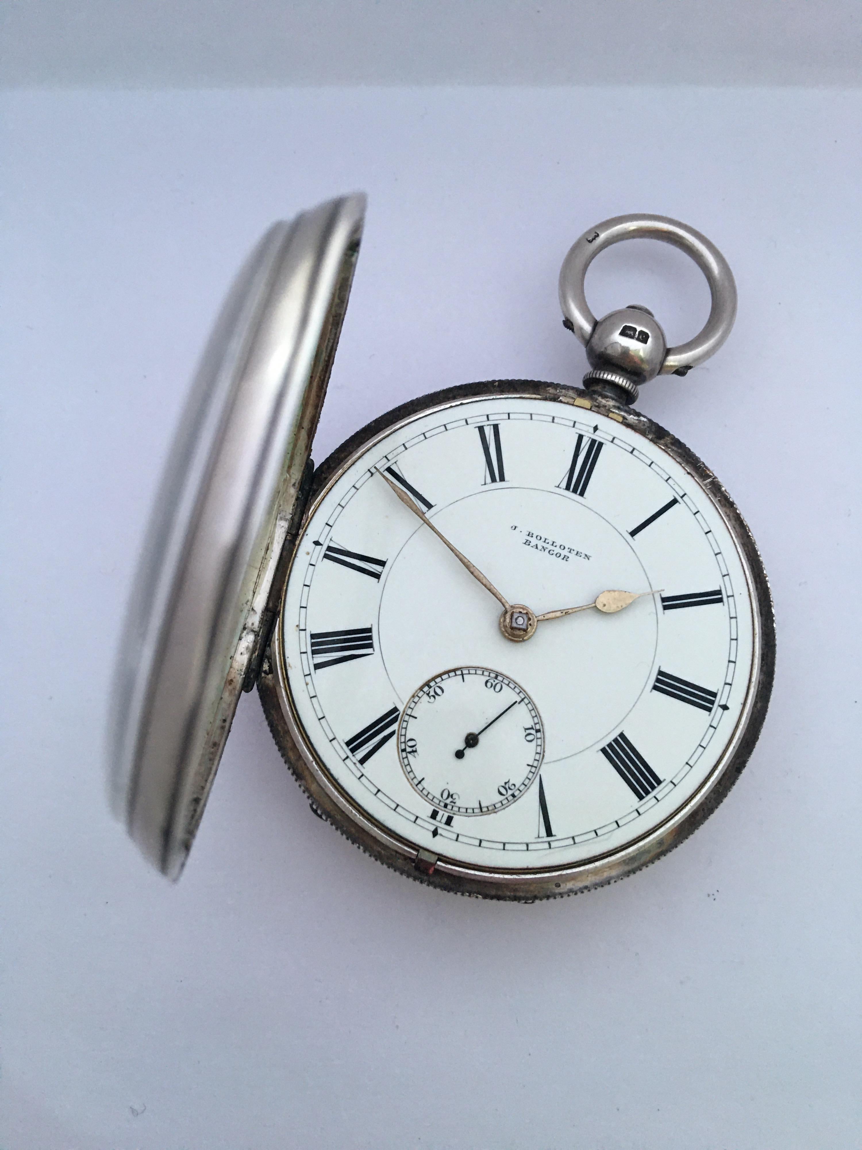 Antike silberne Taschenuhr mit Schlüsselaufzug Signiert J. Bolloten Bangor 3