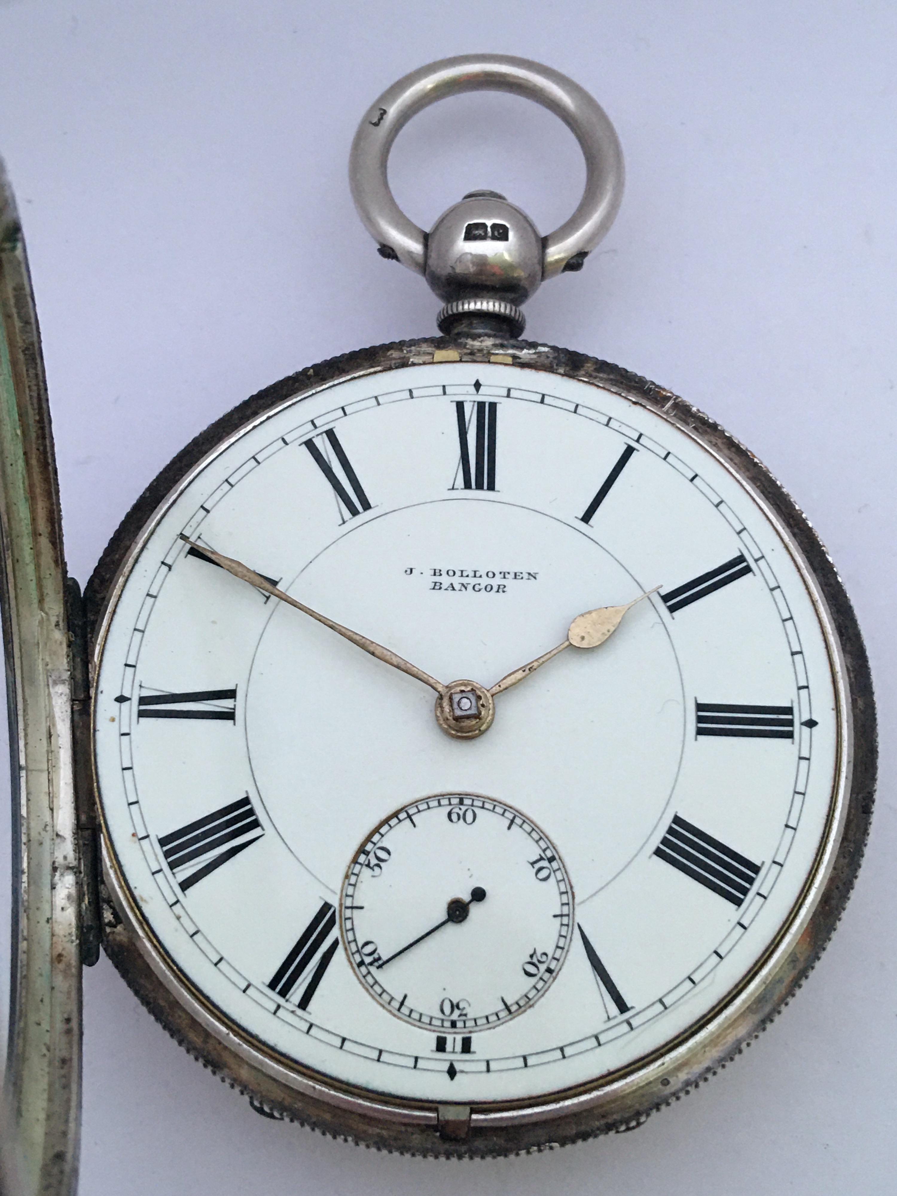 Antike silberne Taschenuhr mit Schlüsselaufzug Signiert J. Bolloten Bangor 4
