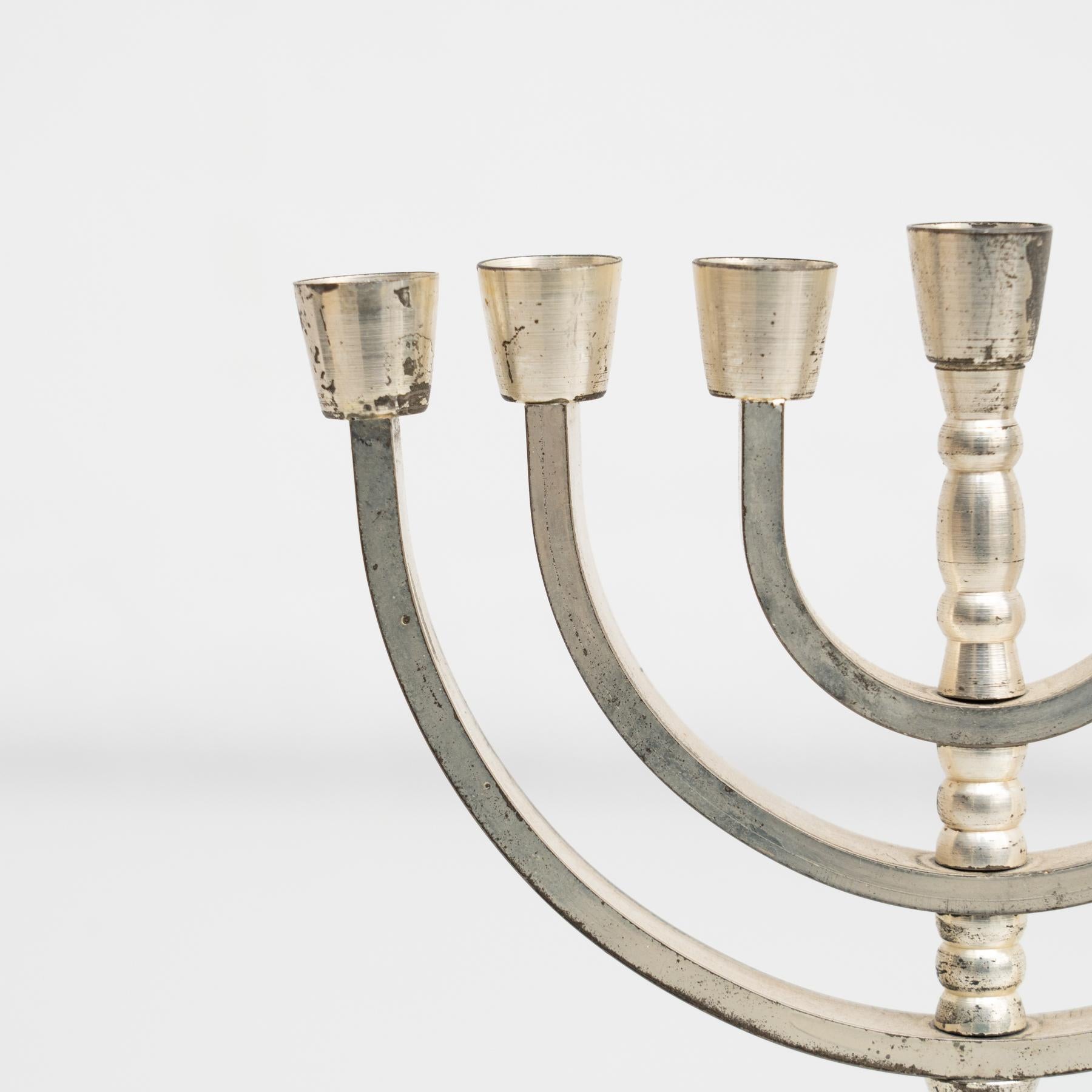 Metal Antique Silver 7 Branches Menorah Candle Holder, circa 1950 For Sale