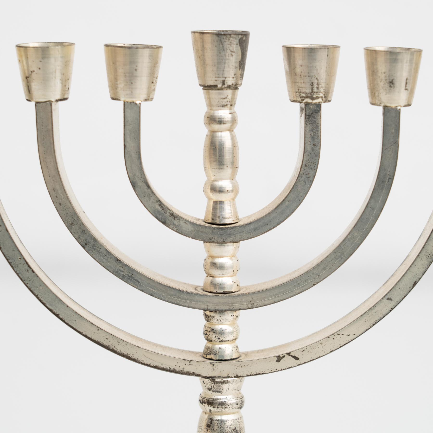 Antique Silver 7 Branches Menorah Candle Holder, circa 1950 For Sale 1