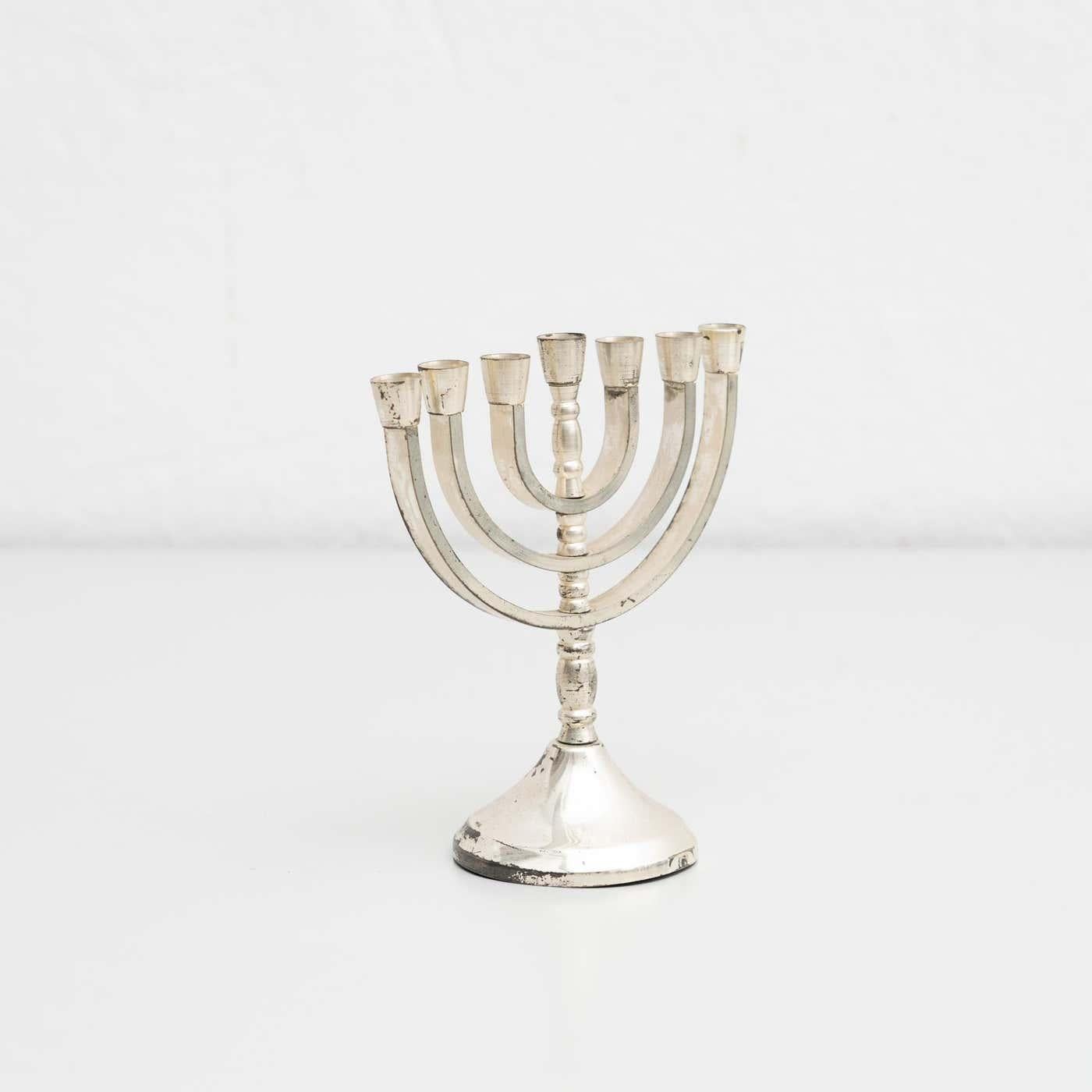 Espagnol Porte-bougies Menorah en argent ancien à 7 branches, vers 1950
