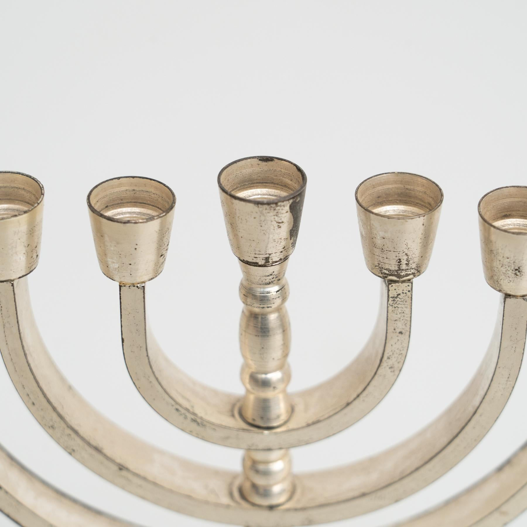 Mid-20th Century Antique Silver 7 Branches Menorah Candle Holder, circa 1950 For Sale