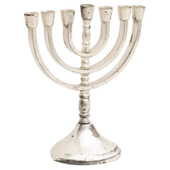 Antiker 7bändiger Menorah-Kerzenhalter aus Silber, um 1950