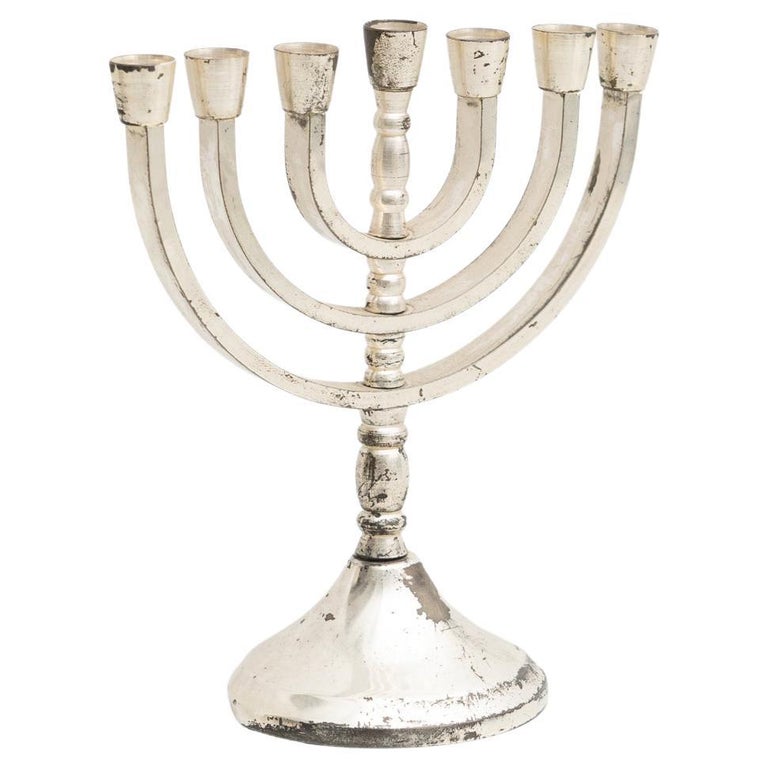 Antique Silver 7 Branches Menorah Candle Holder, circa 1950 For Sale at