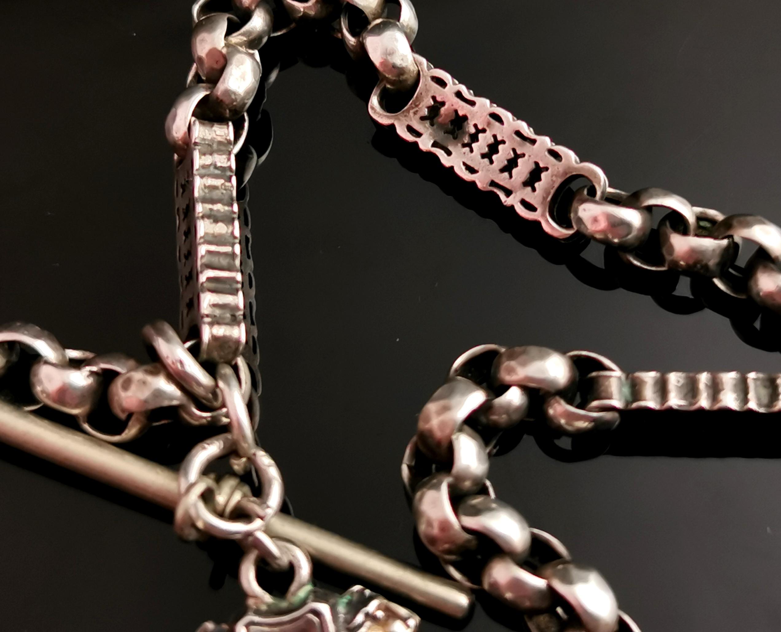 Antique Silver Albert Chain, Fancy Link, Lion Swivel Fob, Watch Chain Necklace 1