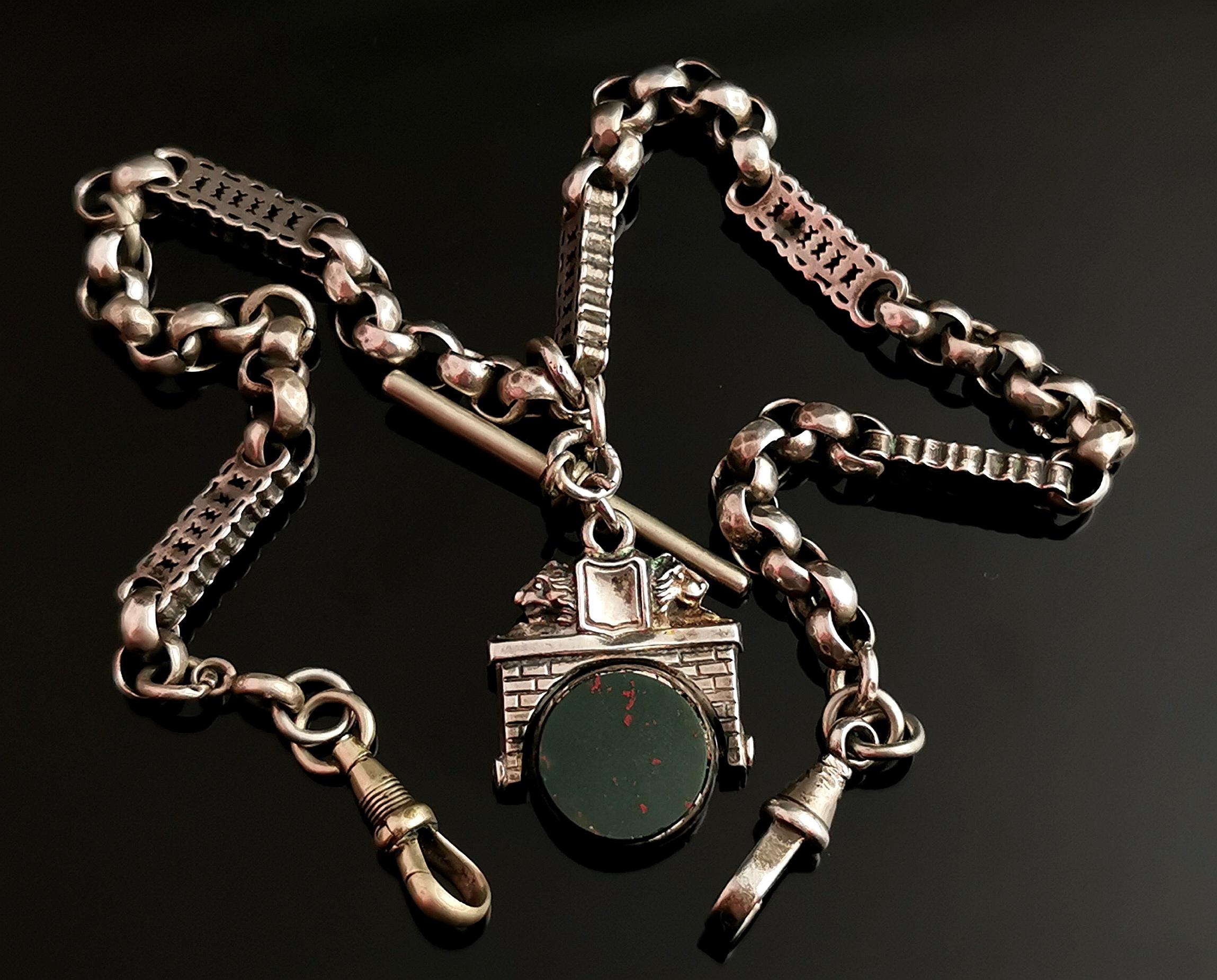 Antique Silver Albert Chain, Fancy Link, Lion Swivel Fob, Watch Chain Necklace 2
