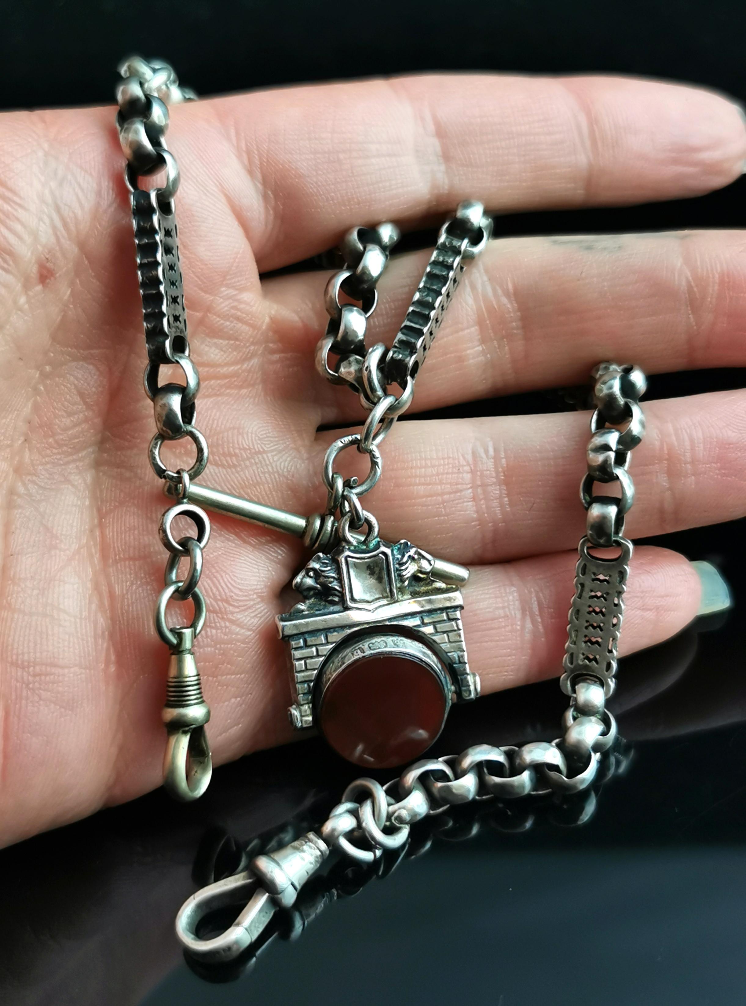 Antique Silver Albert Chain, Fancy Link, Lion Swivel Fob, Watch Chain Necklace 3