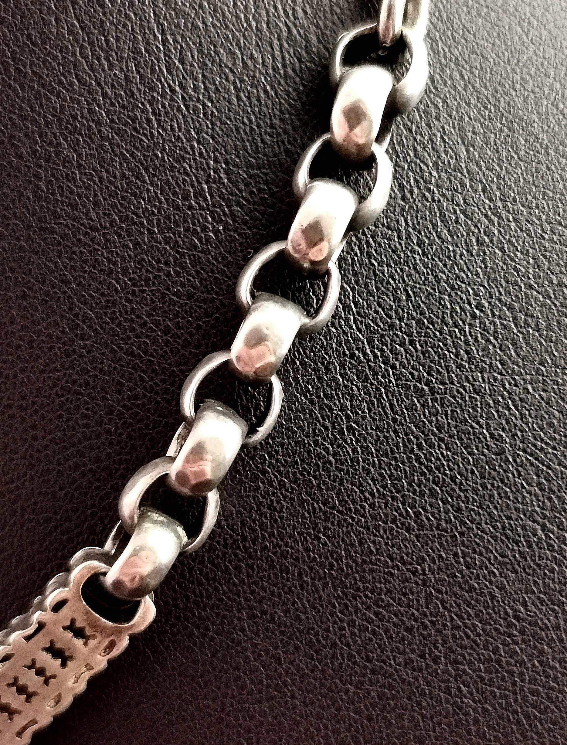 Antique Silver Albert Chain, Fancy Link, Lion Swivel Fob, Watch Chain Necklace 4