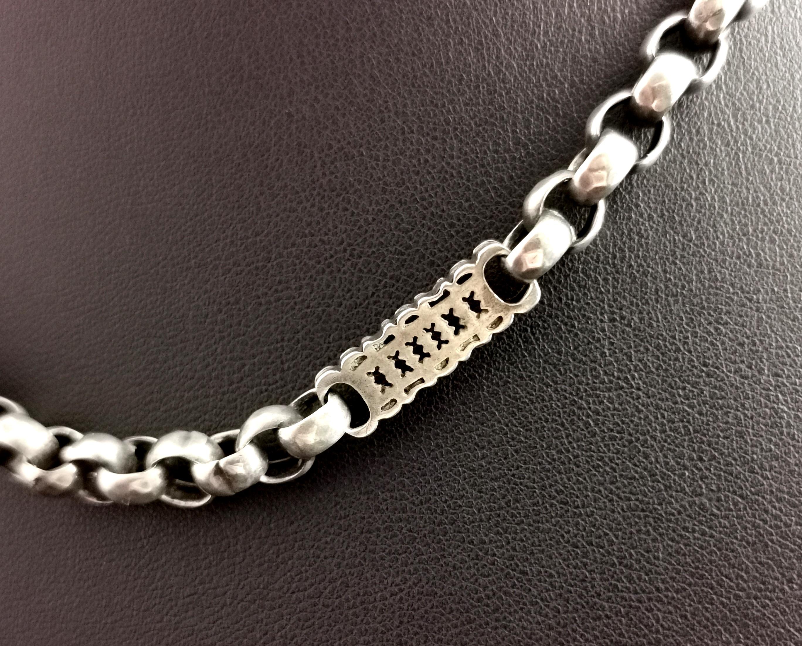 Antique Silver Albert Chain, Fancy Link, Lion Swivel Fob, Watch Chain Necklace 5