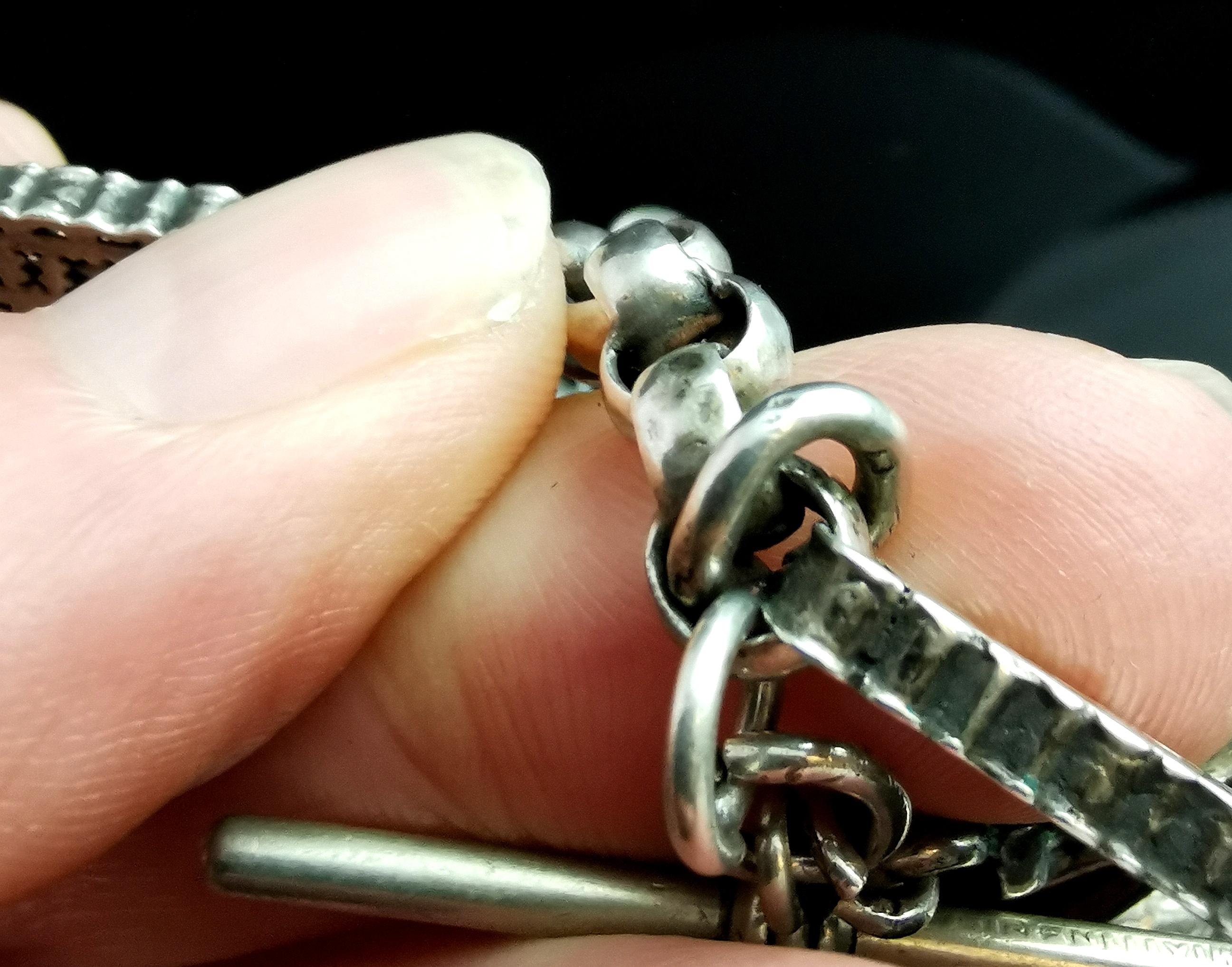 Antique Silver Albert Chain, Fancy Link, Lion Swivel Fob, Watch Chain Necklace 10