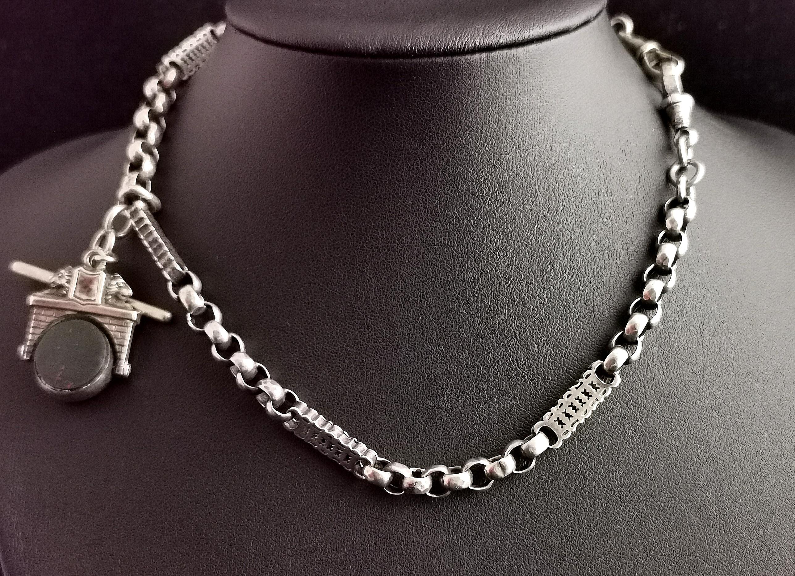Women's or Men's Antique Silver Albert Chain, Fancy Link, Lion Swivel Fob, Watch Chain Necklace