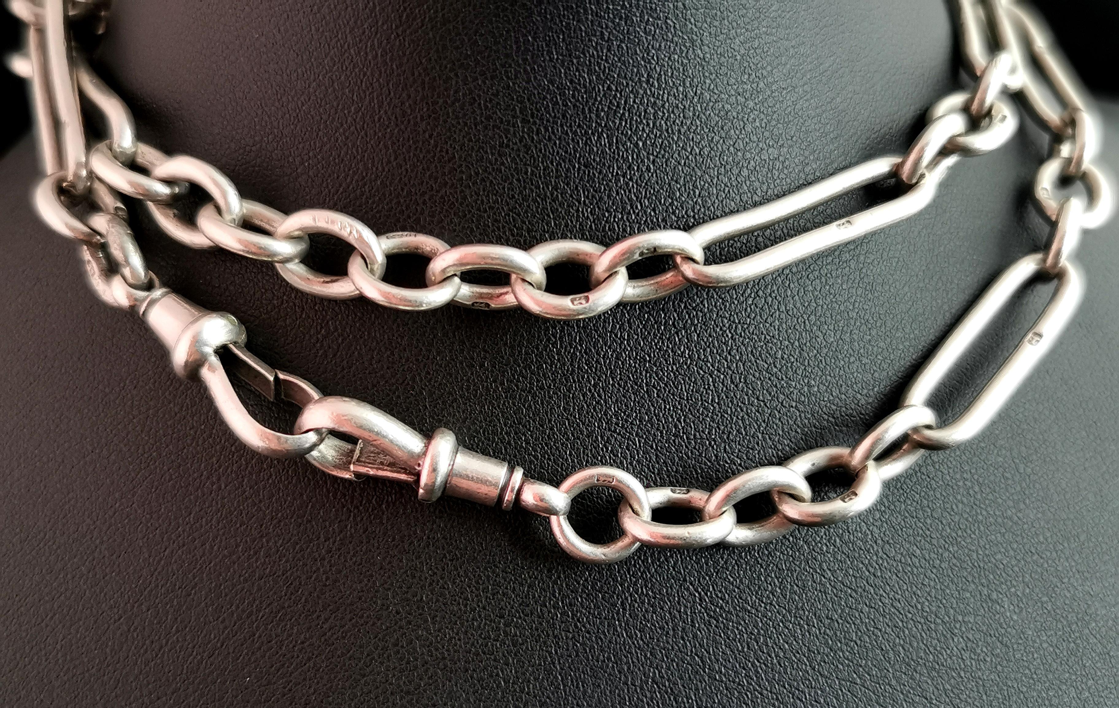 Antique Silver Albert Chain, Watch Chain Necklace, Trombone Link, Victorian  3