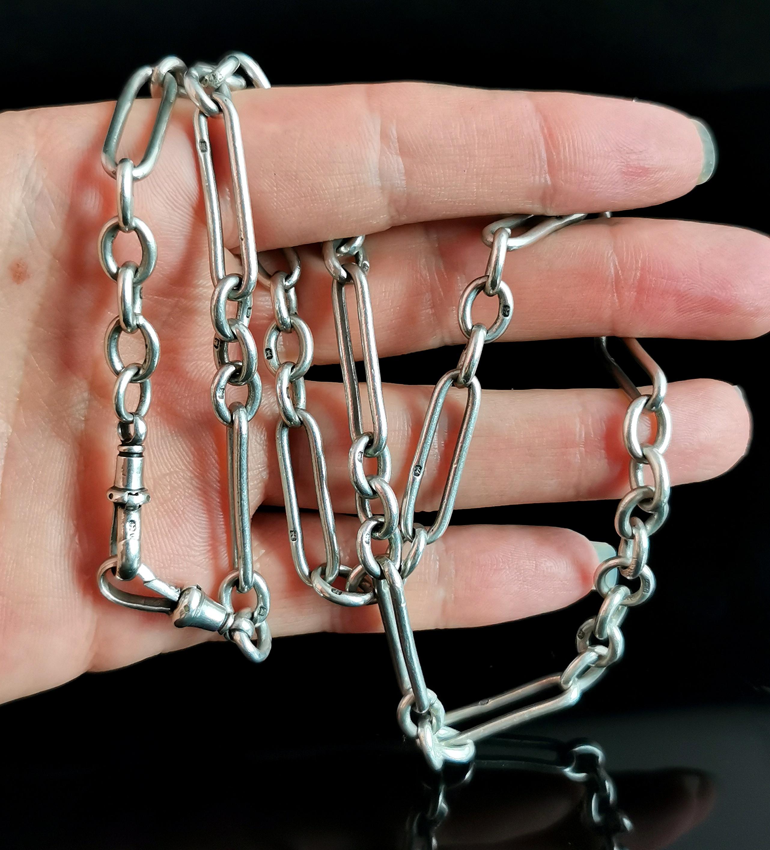 Antique Silver Albert Chain, Watch Chain Necklace, Trombone Link, Victorian  4