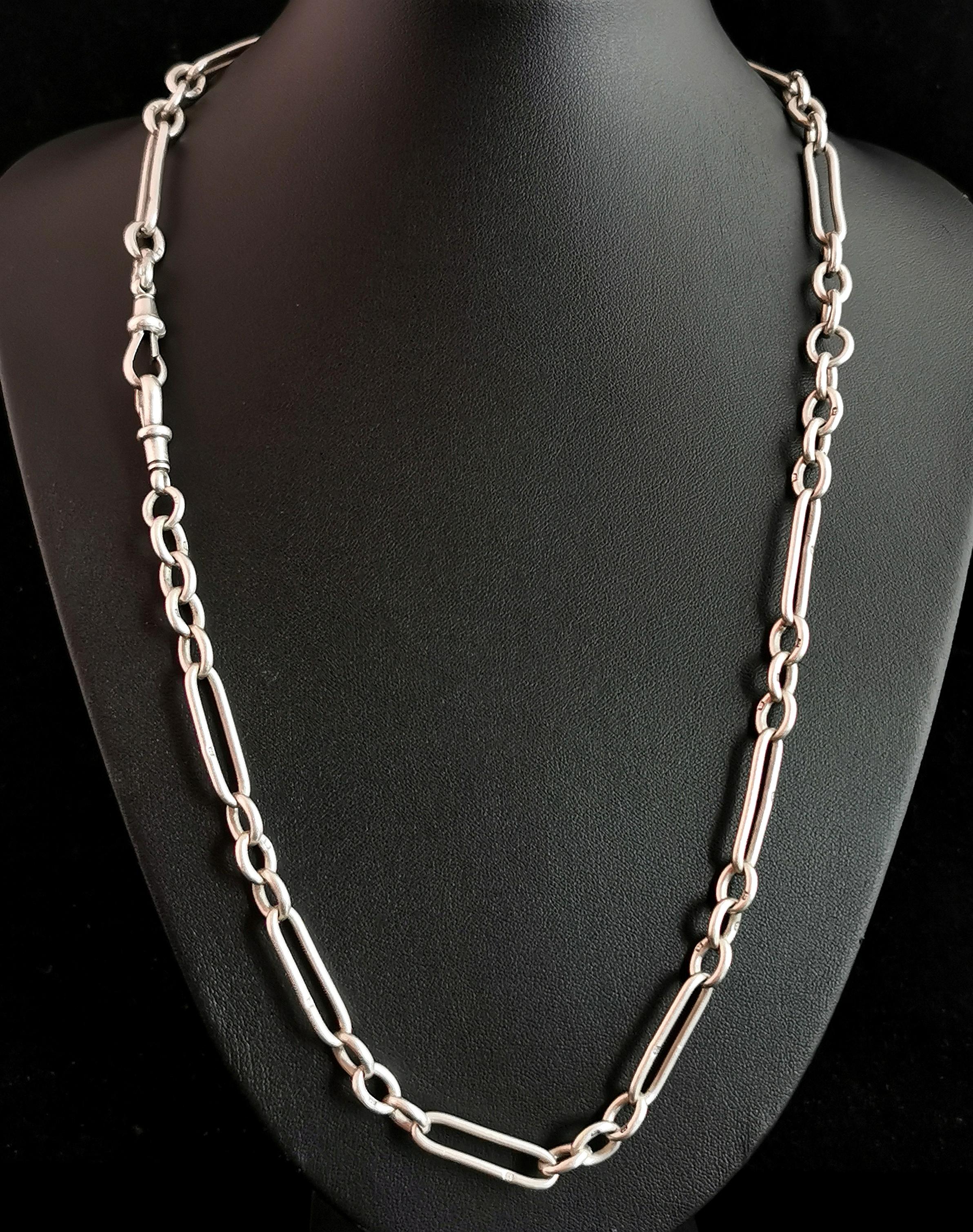 An amazing antique, Victorian era sterling silver Albert chain or watch chain.

A rare antique chain with a long length, can be worn as a nice chunky chain necklace or doubled over for your pocket watch.

The chain is made from sterling silver and